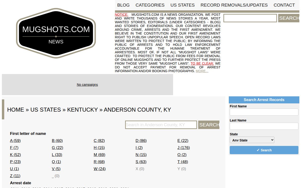 Unofficial Anderson County mugshot news section on Mugshots.com